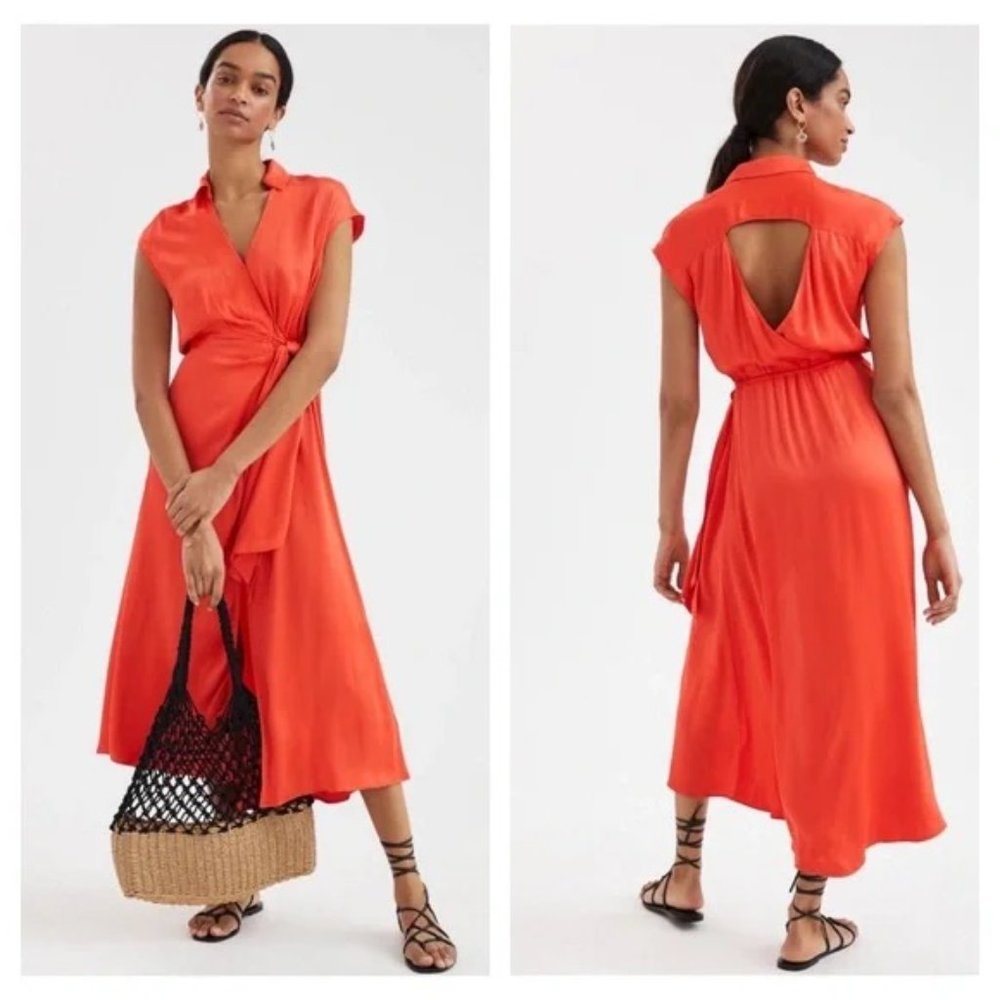 Anthropologie Maeve Open-Back Satin Wrap Midi Dress Orange